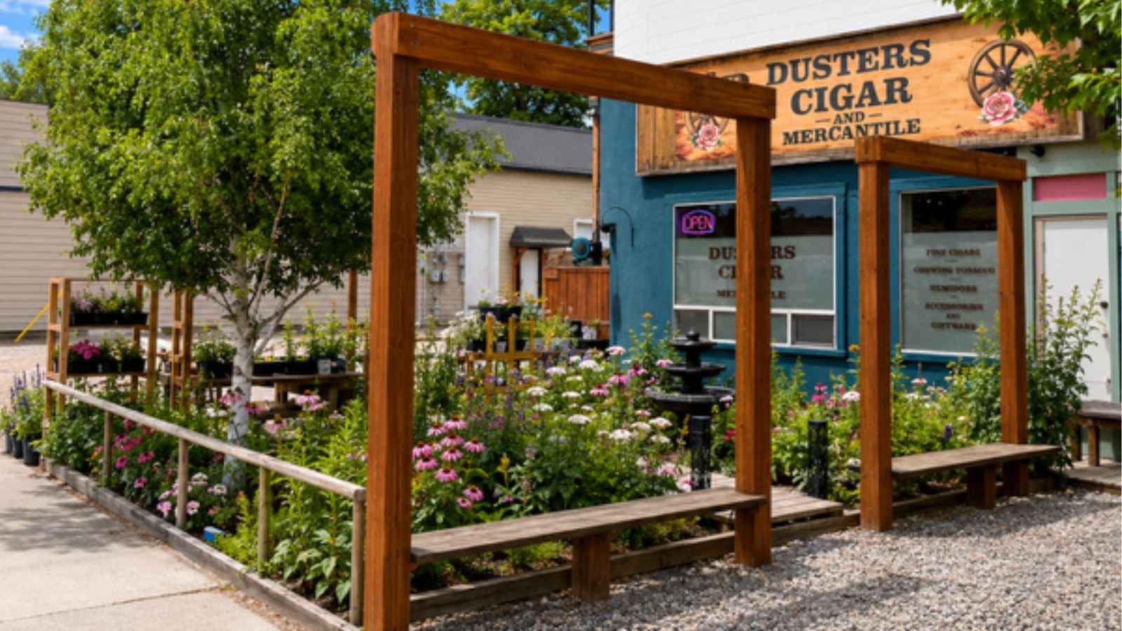 Dusters Cigar and Mercantile storefront on Pleasant Valley Boulevard in Armstrong