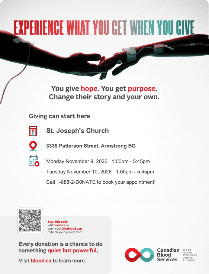 Canadian Blood Services poster for November 9 and 10, 2026, at St. Joseph's Church in Armstrong