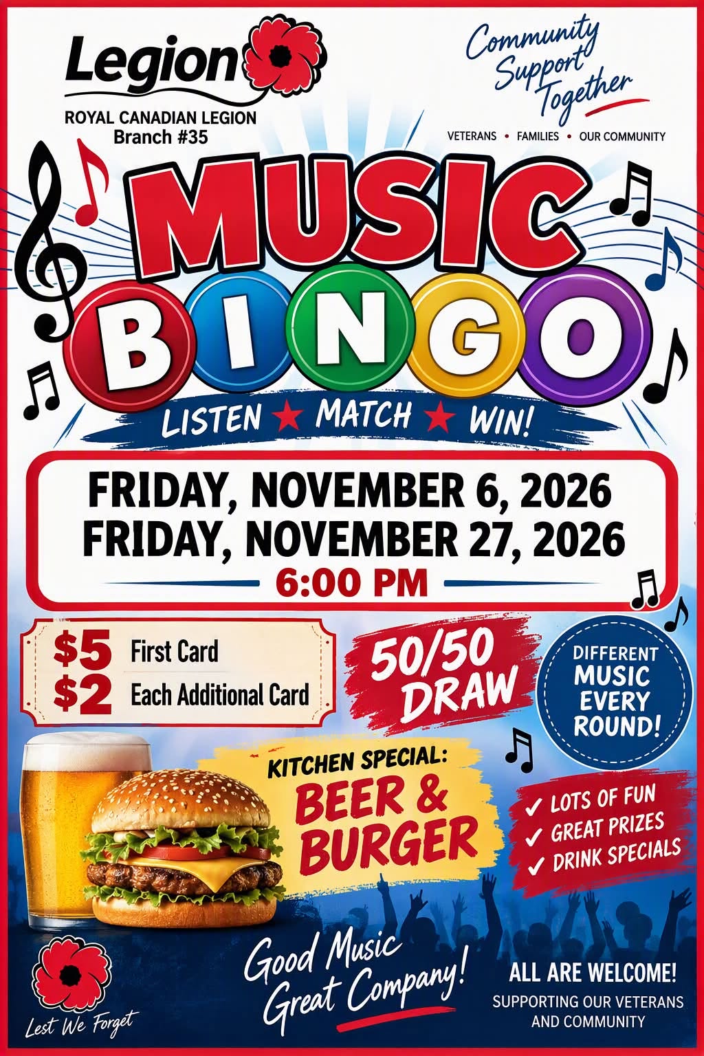 Armstrong Legion music bingo poster for November 6 and November 27, 2026