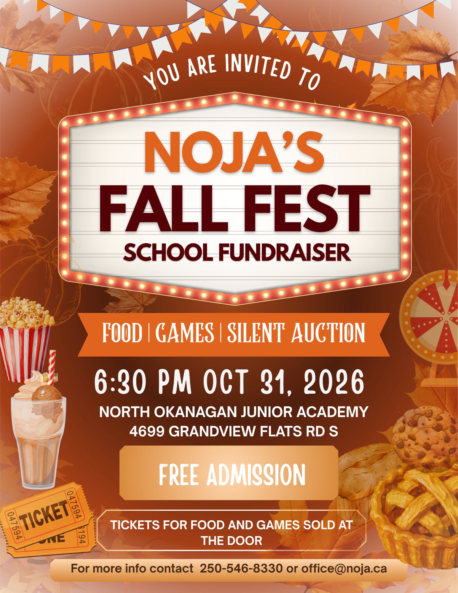 NOJA Fall Fest school fundraiser poster for October 31, 2026, at 6:30 p.m.