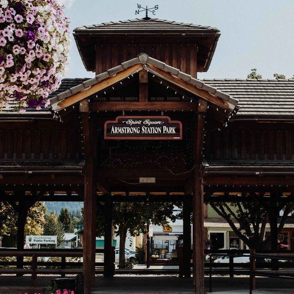 The timber arch at Armstrong Station Park in the historic downtown