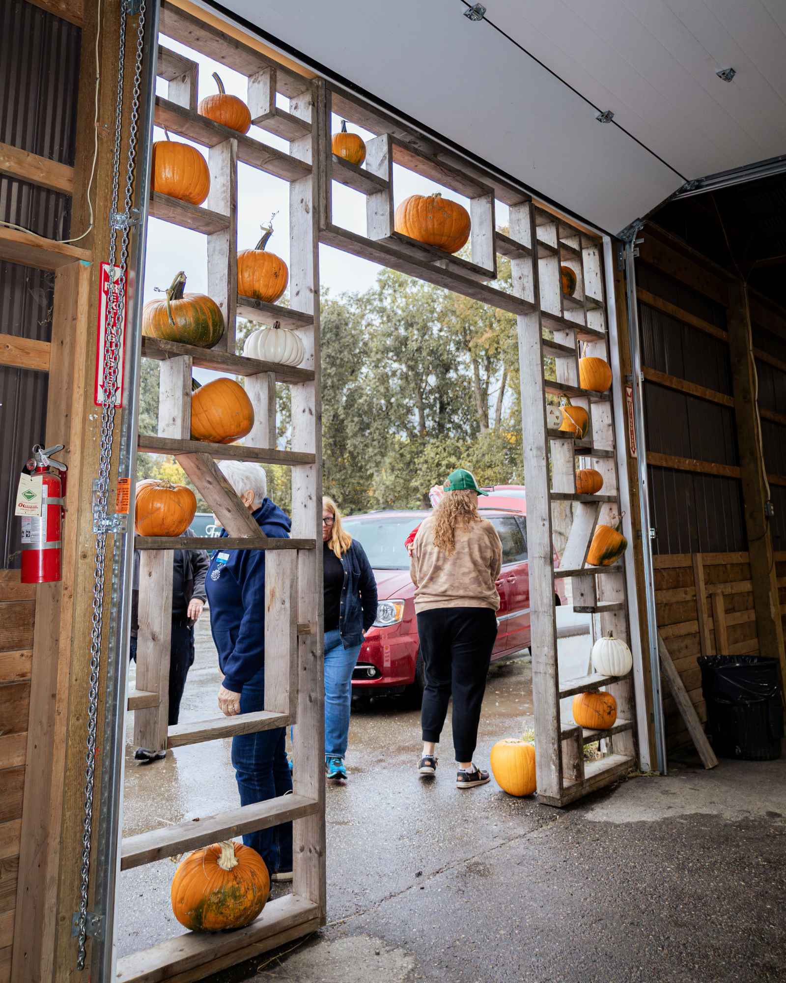 Pumpkins arranged in a wooden entrance display at a past Harvest Pumpkin Festival