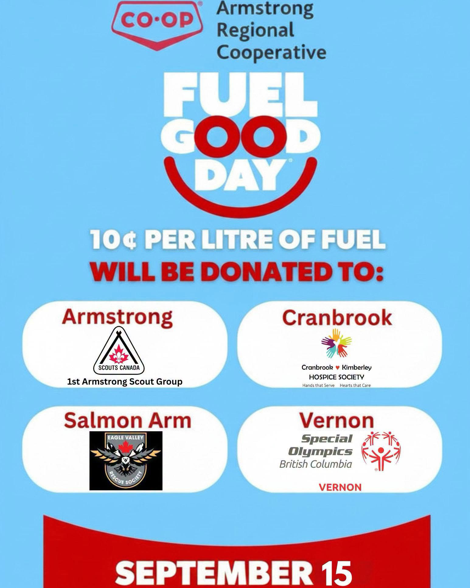 Armstrong Regional Co-op Fuel Good Day graphic naming the four 2026 recipient organizations