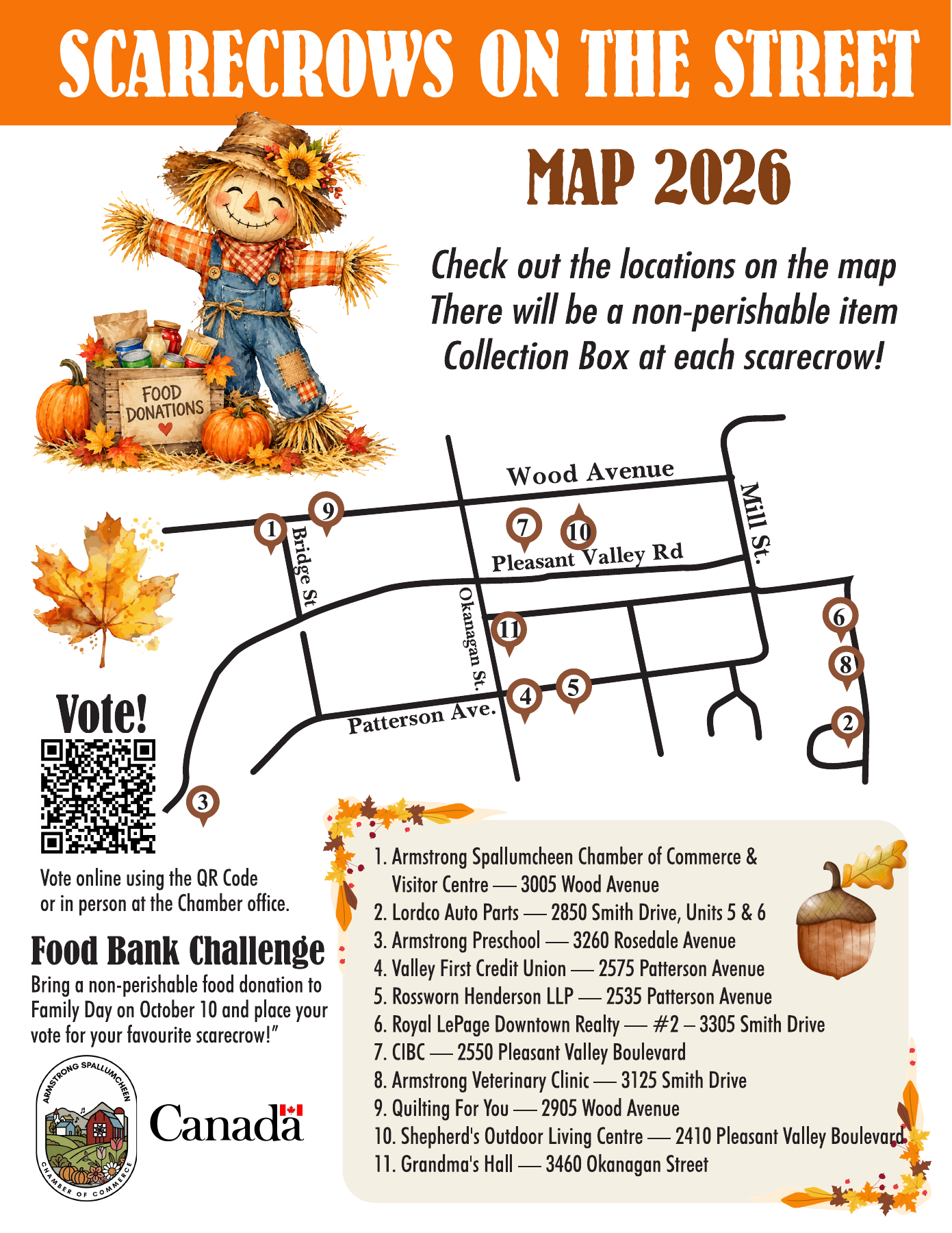 2026 Scarecrows on the Street map showing 11 numbered stops in Armstrong; the participating businesses and addresses are listed above